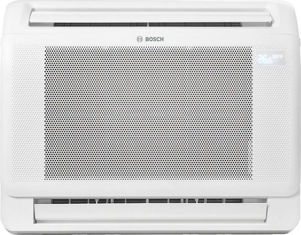 Weißes Klimagerät von Bosch mit einem Netzdesign, ausgestattet mit einem digitalen Display zur Anzeige der Temperatur und Lüftungsgitter an der Unterseite.